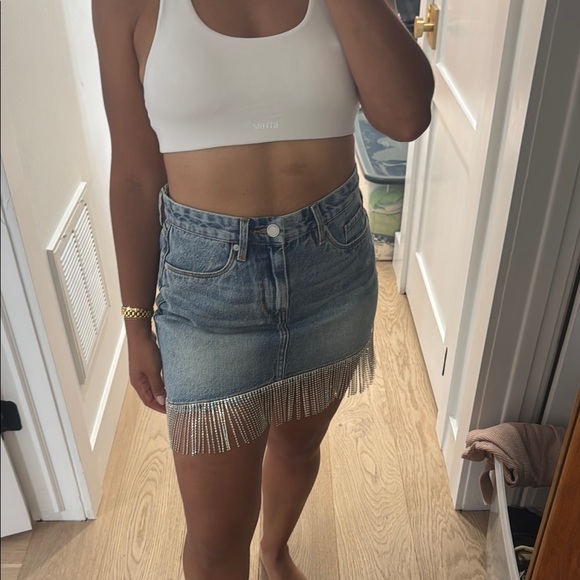 Blank NYC Blue Denim Skirt with Rhinestone Fringe - Picture 1 of 4